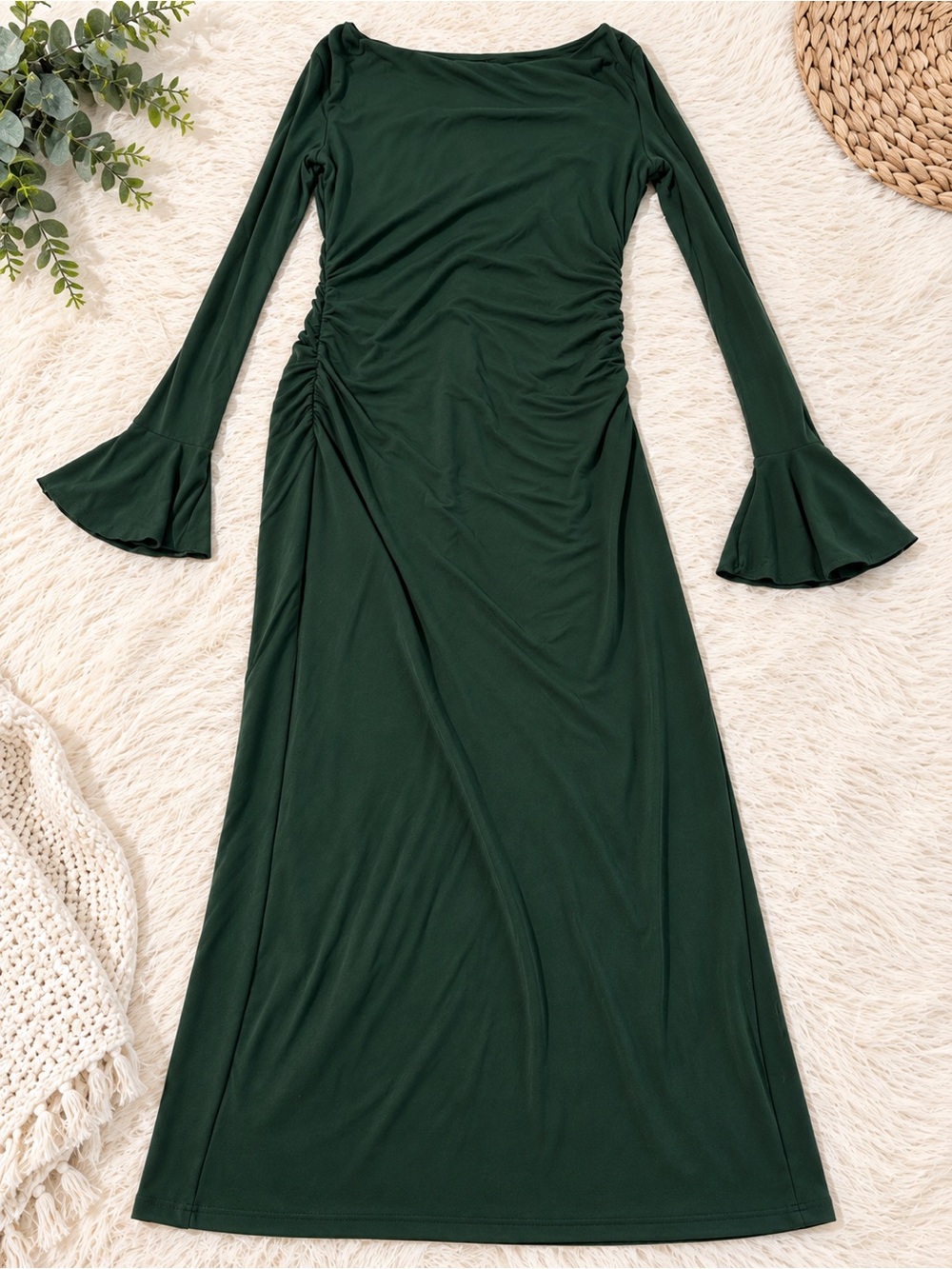 Women's Long Sleeve Dark Green Maxi Dress with Flared Cuffs